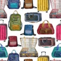Seamless pattern with bags, suitcases, backpacks. Baggage accessory wallpaper.